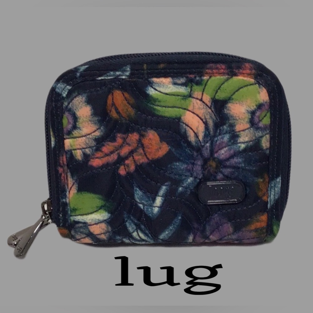 NWOT lug Splits Wallet, RFID Protection, Double Zipper, Floral on Navy Blue,